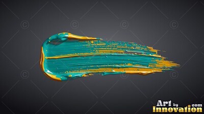 A thick teal brushstroke sweeps across a dark backdrop with bright yellow edges