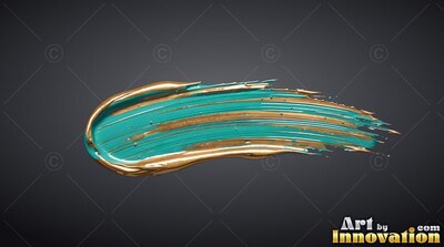 Curving horizontally against a dark slate background, a gold and teal paint stroke