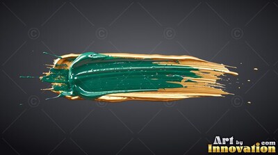 Against a dark gray background, a streak of green paint covers wet gold strokes