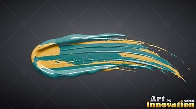 Sweeping sideways, thick teal and yellow paint leaves ridged bristles against dark gray