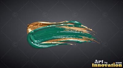 Teal and gold paint stretches across dark gray with thick glossy ridges