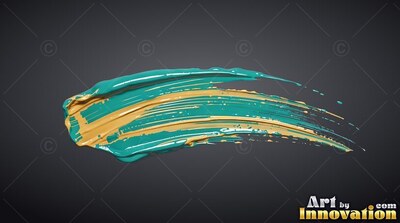 Sweeping horizontally on a gray backdrop, a thick stroke of wet teal and gold paint