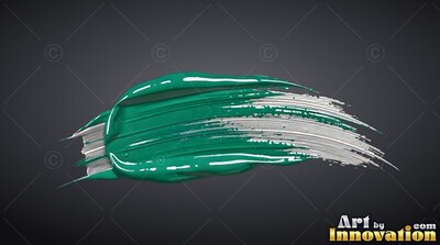 Against a dark background, a thick stroke of teal and silver paint sweeps across