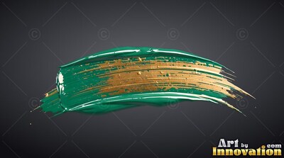 Curving across dark gray, a thick stroke of green paint carries scraped gold pigment
