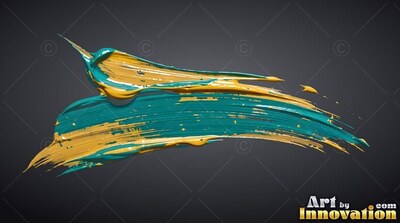 Thick teal and yellow paint brushstroke on gray background