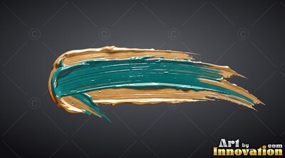 Thick teal and golden paint curves sideways, catching bright light along wet ridges