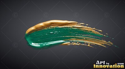 Curving horizontally across a dark slate background, a deep teal paint mixed with gold stroke