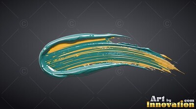 A curved stroke of wet teal and yellow paint sweeps on top of dark gray backdrop