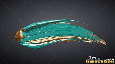 On a dark gray backdrop, a wet teal paint smear is smeared with shiny gold