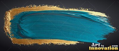 Sweeping across a black background, a wet brushstroke of teal paint is edged in gold foil