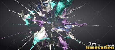 Teal, purple, and white paint splashing outward on dark gray backdrop