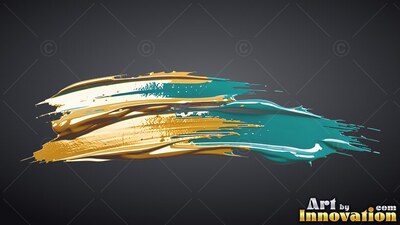 Thick ridges of gold and teal paint sweep horizontally over dark gray backdrop