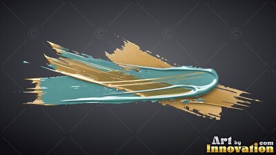 Thick teal and gold paint spreads across dark gray with glossy white highlights