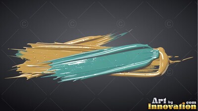 A thick teal brushstroke lies over streaks of tan paint across a dark gray backdrop