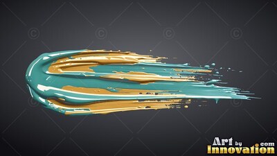 On a dark gray backdrop, a thick smear of wet teal paint mixed with gold sweeps across
