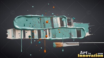 Teal paint strokes with splatters above a brush on dark gray