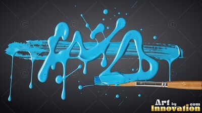 Glossy drops of blue paint drip over a brush stroke across a black background