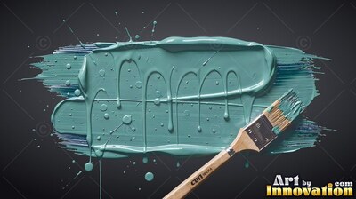 Teal paint drips down a wide brushstroke with soft shine against dark gray