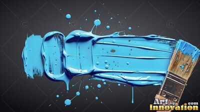 Angled from the bottom right across a dark surface, a paintbrush leaves blue paint