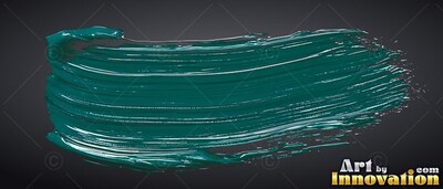 A thick streak of shiny teal brush paint spreads across a dark gray backdrop