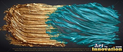 On dark gray, a thick horizontal brushstroke blends from gold into teal