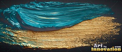 Sweeping across dark gray, deep teal paint layers over rough gold brushstrokes