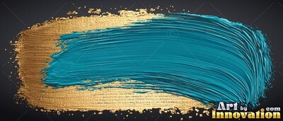 Thick bristle texture marks a teal paint stroke layered over gold on dark black background