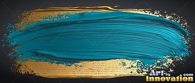 A teal paint stroke sweeps over rough gold foil with shiny highlights across the wet ridges