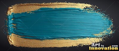 Stretched horizontally on black, a teal brush stroke over gold paint