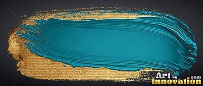 A thick stroke of teal paint sits over shiny gold foil on dark paper