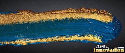 On a black background, a thick deep blue brushstroke is edged with rough gold paint