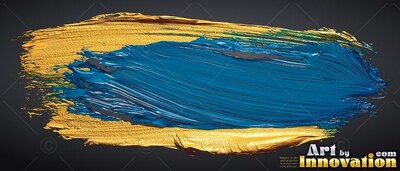 Sweeping across dark gray, thick blue paint layers over a wide gold brushstroke