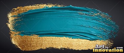 Brushstroke of teal paint layered over thick gold foil on black