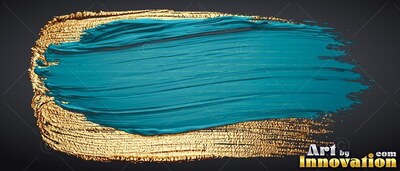 Thick bristle ridges mark a sweep of teal paint layered over gold against a dark background
