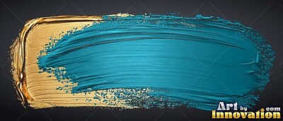 A deep teal paint stroke sweeps over bright gold brushwork across a dark backdrop