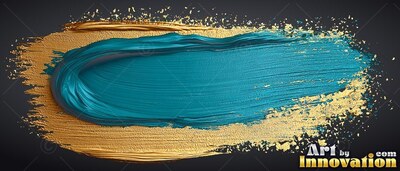 A thick teal brushstroke stretches across rough gold paint on dark gray