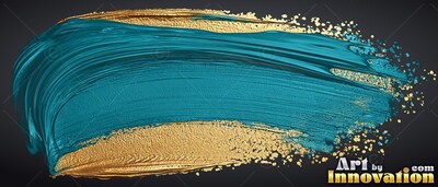 On a dark backdrop, deep teal paint sweeps over textured gold flakes