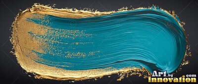 Curving across a dark background, a thick teal paint smear is edged in gold foil
