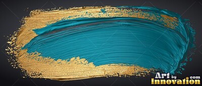 Teal and golden paint brushstroke on a black background
