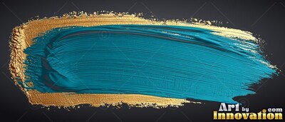 Thick bristle ridges across a teal paint swipe over gold edges on a dark gray field