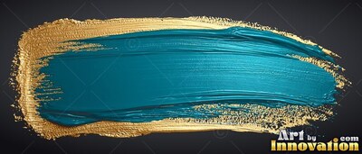 A thick stroke of teal paint flows across textured gold over a dark surface