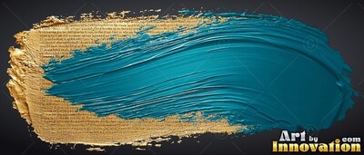 Sweeping diagonally across dark space, heavy teal paint over gold leaf text