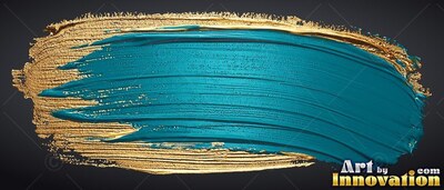 A thick teal brushstroke layered over metallic gold paint on black