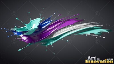 Against a dark background, splashes of teal and purple paint sweep across
