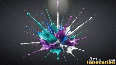 Splashing outward, teal, purple, and white paint bursts against a dark background