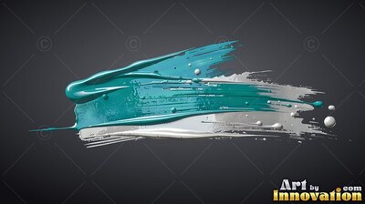 Teal and silver brush stroke with wet droplets on black