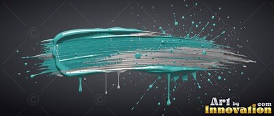 Wet bristle ridges mark a wide teal and silver paint stroke on a dark gray backdrop