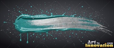 A sweep of teal paint sweeps horizontally, with pale silver brush marks shining across the center