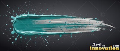 Sweeping horizontally across dark gray, a thick brushstroke of teal paint splatters