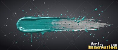 A thick smear of teal paint with bristle marks and wet splatters on gray